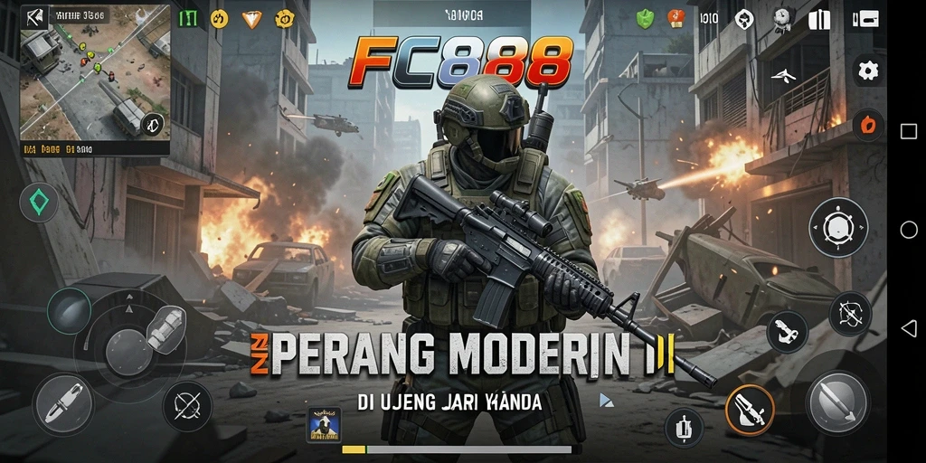 Screenshot gameplay FC888 menunjukkan aksi tembak-menembak yang seru dan intens.