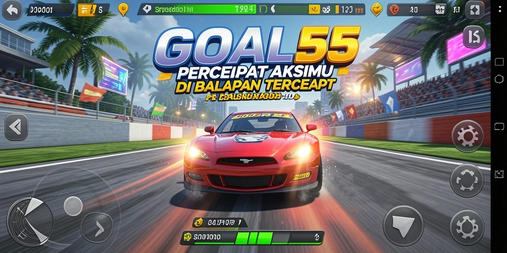 Gameplay Racing seru dalam GOAL55 dengan mobil yang melaju cepat.