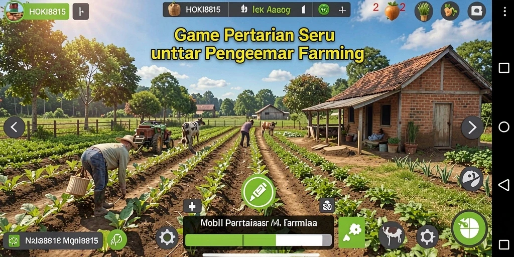 Screenshot gameplay HOKI8815 menunjukkan kegiatan bertani yang seru dan interaktif.