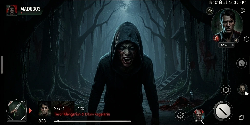 Screenshot gameplay menampilkan suasana mencekam dan elemen horor.