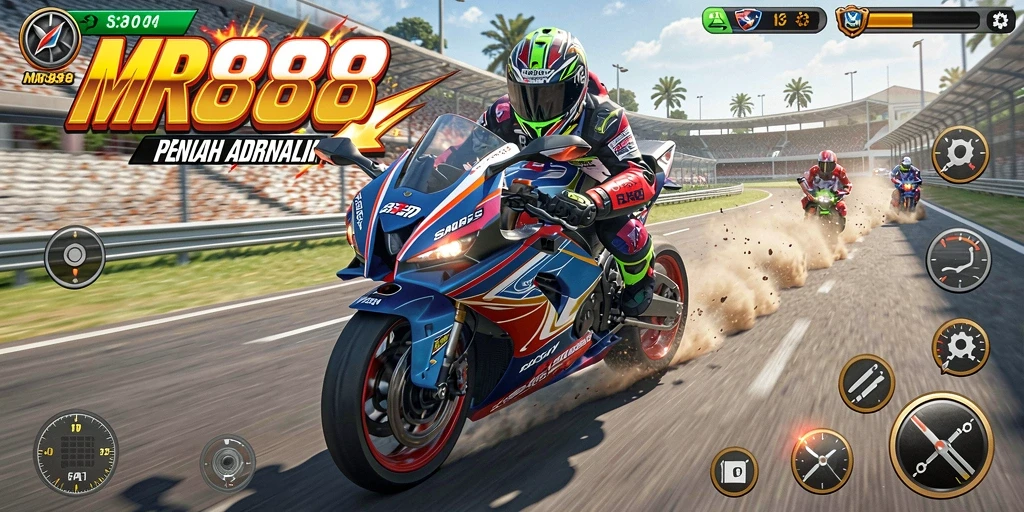 Screenshot dari gameplay seru di MR888 menampilkan balapan motor yang mendebarkan.