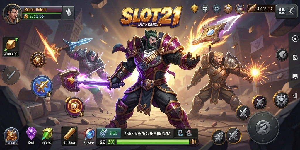 Tangkapan layar menunjukkan pertarungan seru dalam SLOT21 dengan efek visual yang memukau.