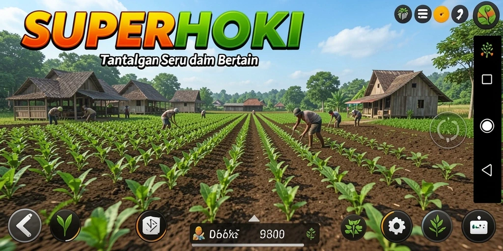 Tampilan gameplay SUPERHOKI yang menarik dengan berbagai aktivitas pertanian.